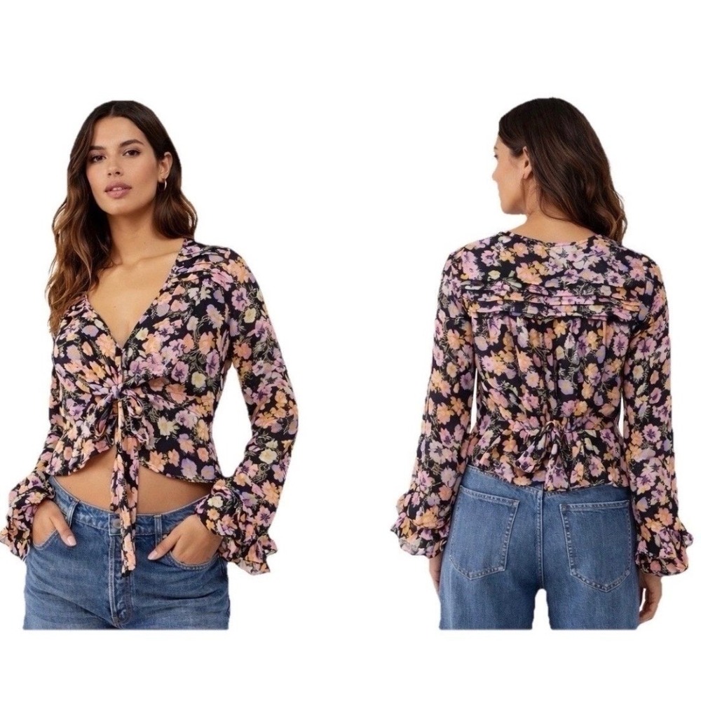 Free People Womens Medium Black Floral Tie Front Peplum Blouse Ruffle‎ Sleeves